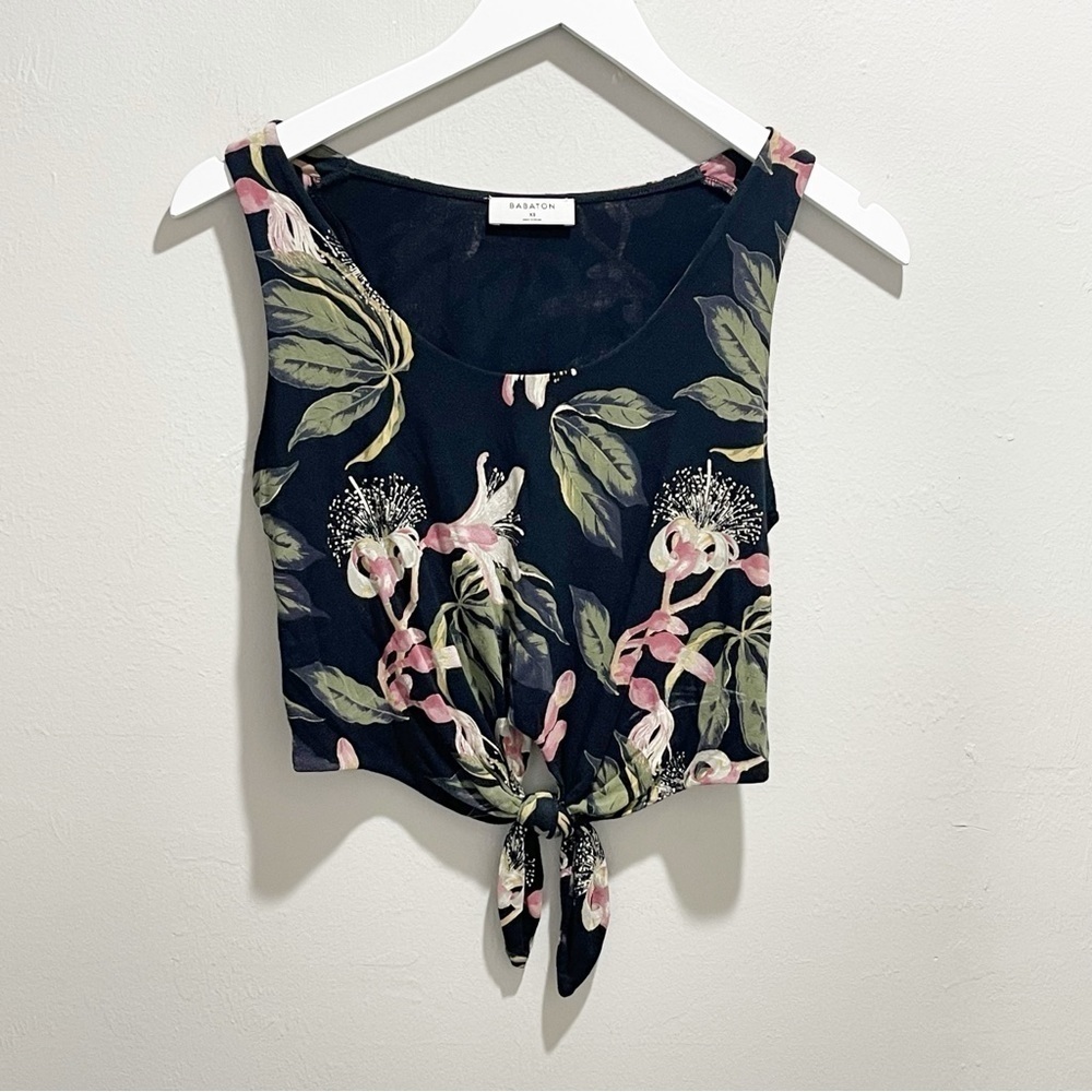 BABATON ARITZIA Women’s Black Multi Floral JERONIMO Tie Front Tank Tee Size XS